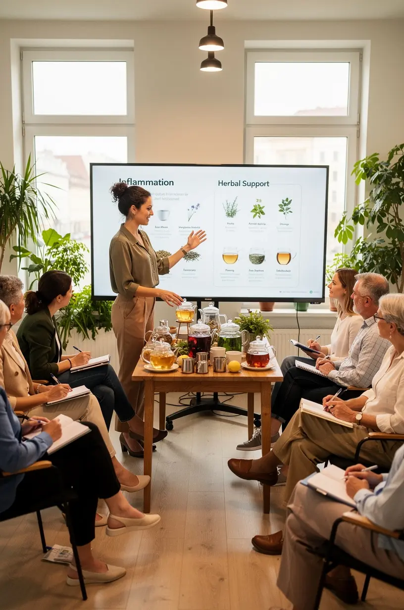 Egészséges reggeli asztal, melyen gyógynövényes tea és friss zöldségek találhatók a jólét támogatására.