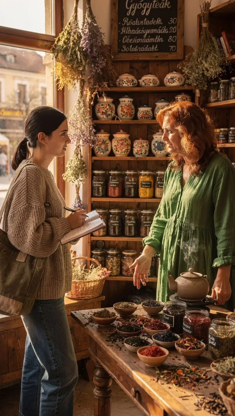 Nő meditál egy csendes térben, miközben gyógyteát kortyol, kiegyensúlyozott életmódot tükrözve.