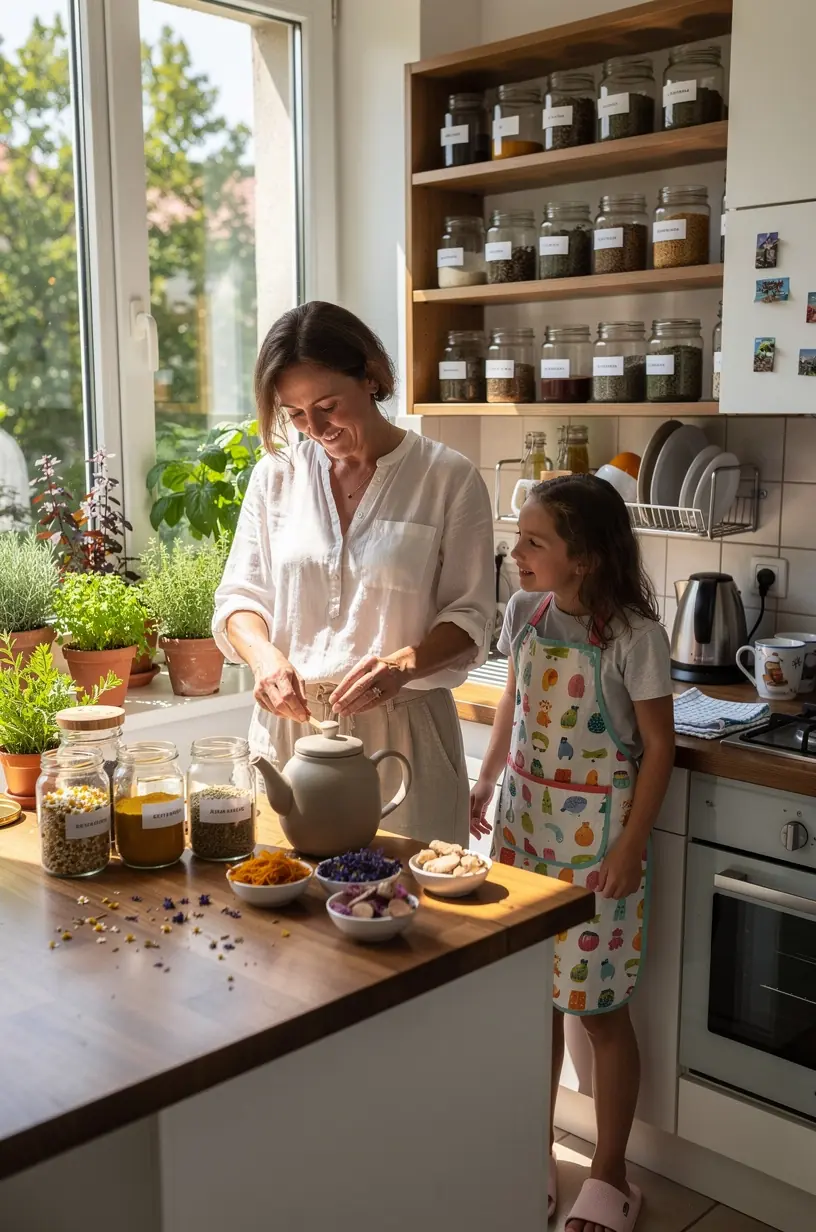Gyógyteák és gyulladáscsökkentő életmód elemek bemutatása, friss gyógynövényekkel tálalva.